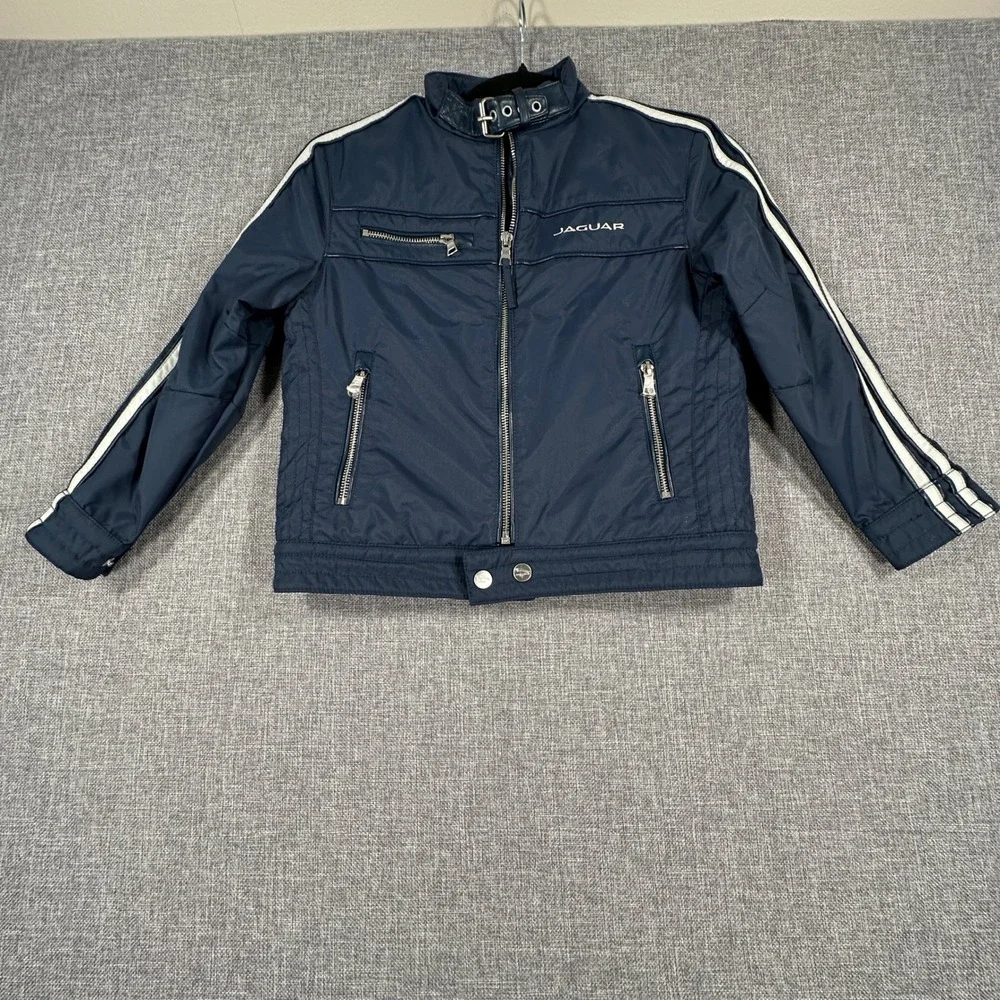 Jaguar Moto Jacket Kids Size 5/6 Navy Blue Racing Stripe Buckle Neck Cafe Racer